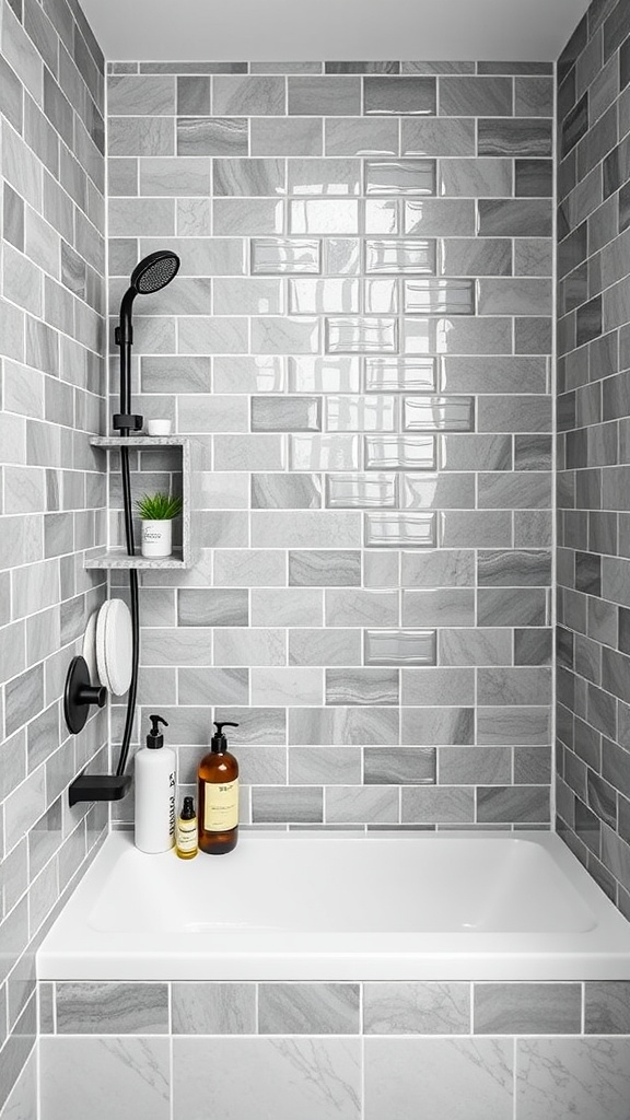 Modern shower niche featuring gray tiles and minimalist storage