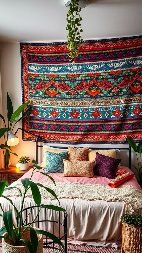 A colorful tribal tapestry hangs over a bed in a cozy bedroom, featuring rich colors and intricate designs.
