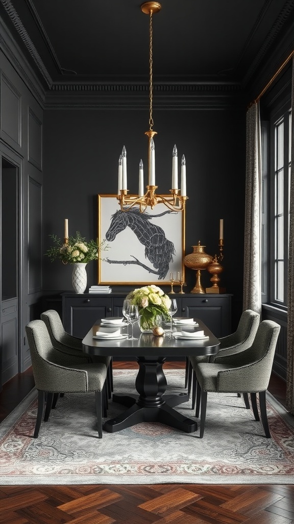 Dining room with Tricorn Black walls, featuring elegant decor and a chandelier