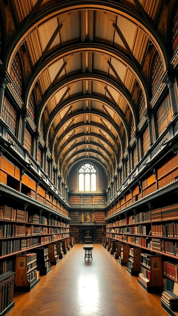 Interior of Trinity College Library with wooden shelves and arched ceiling