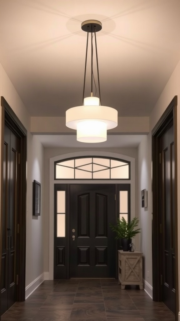A modern triple light island fixture hanging in an entrance hall, illuminating the space with a warm glow.