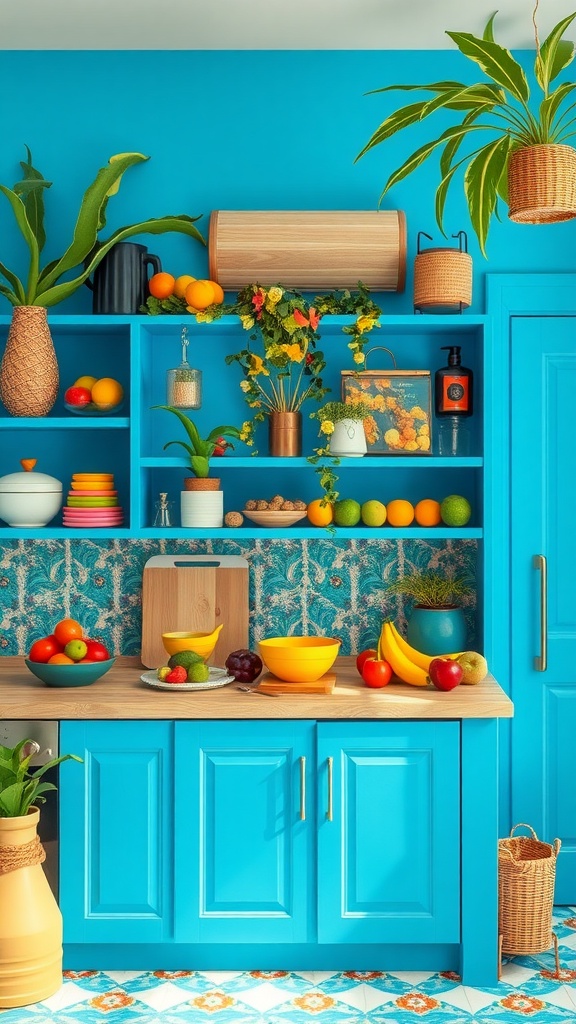 A bright kitchen with Tropical Blue walls, showcasing vibrant fruits and plants, creating a cheerful atmosphere.