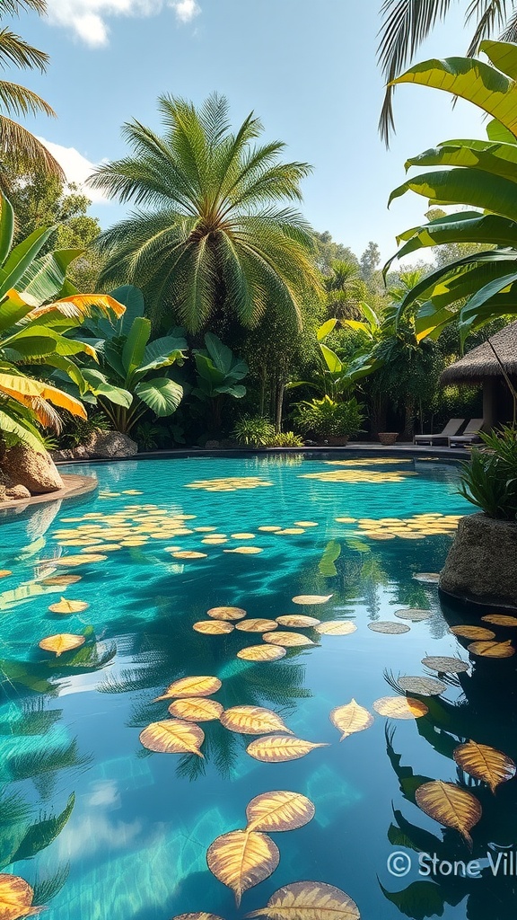 A tropical lagoon pool surrounded by lush greenery and floating water plants.