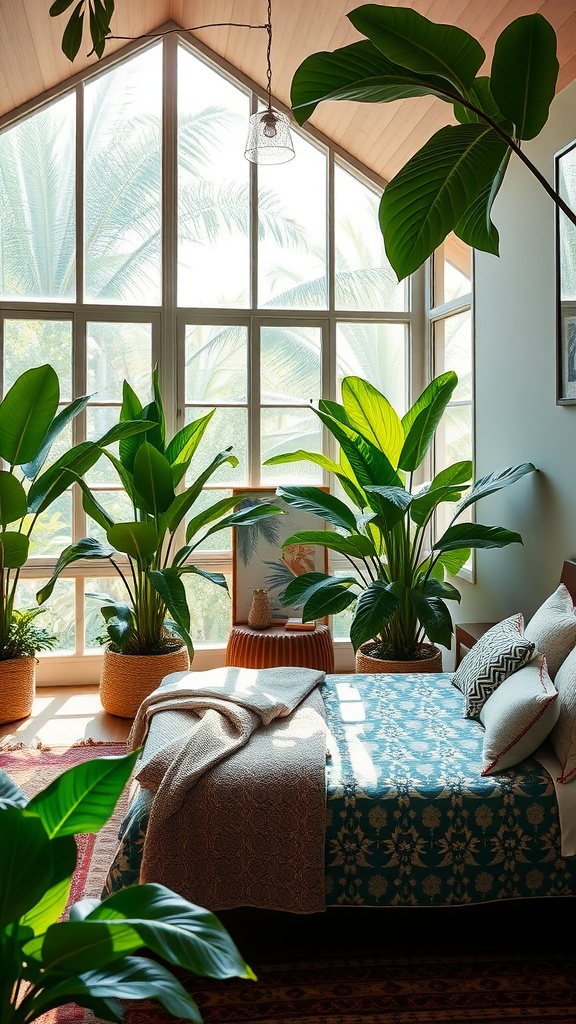 A cozy corner in a master bedroom filled with lush green plants and a patterned rug, creating a tropical paradise vibe.