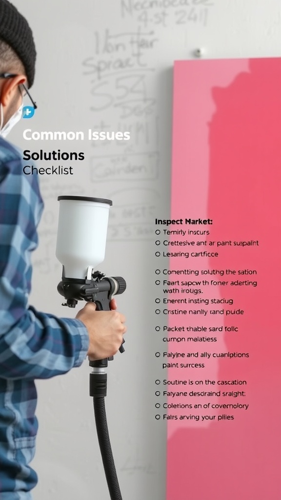 A person holding a paint sprayer while looking at a checklist of common issues and solutions