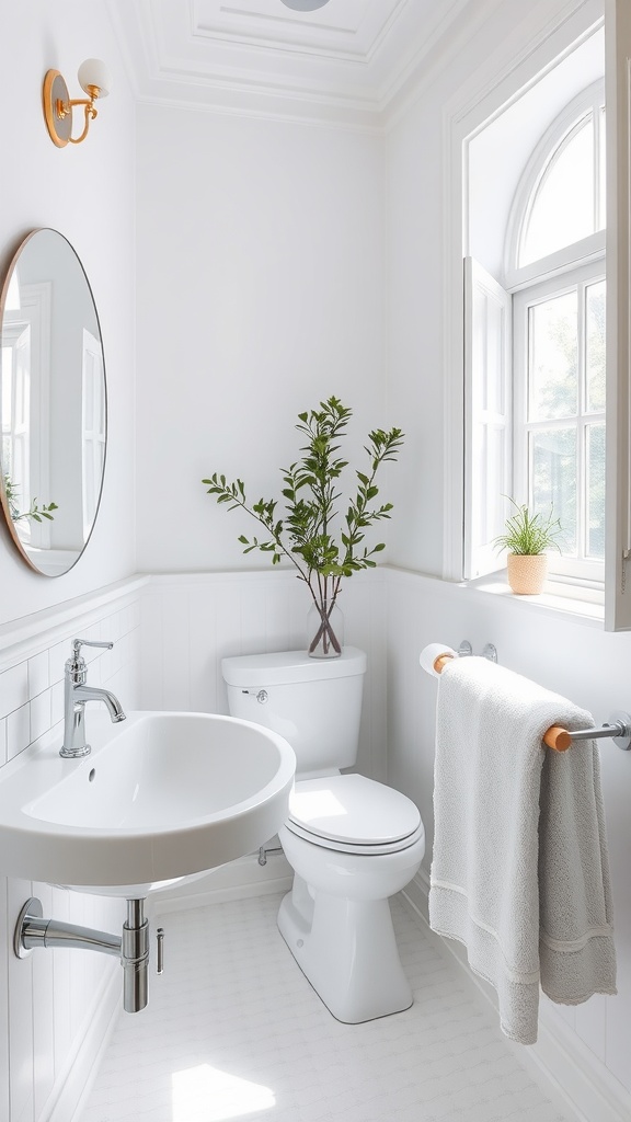 A bright and airy bathroom featuring true white walls, a round mirror, a clean sink, and a touch of greenery.