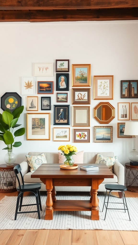 A cozy living room and dining room combo featuring a gallery wall of framed artwork, a wooden dining table, and black chairs.