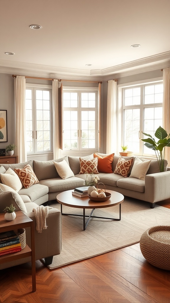 Cozy living room featuring a sectional sofa with pillows, a round coffee table, and large windows.