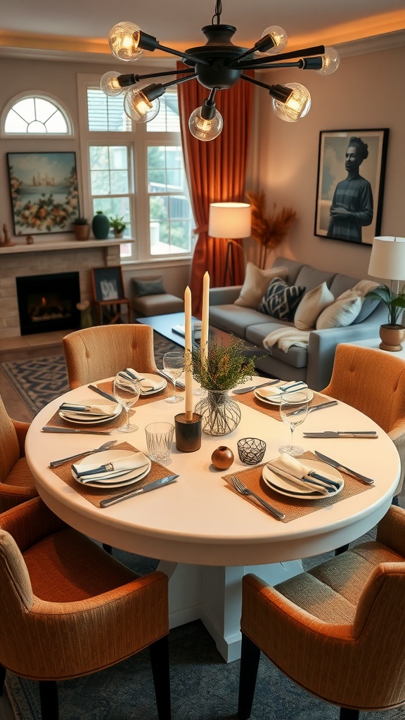 Cozy living room dining room combo featuring an oval dining table set for a meal.