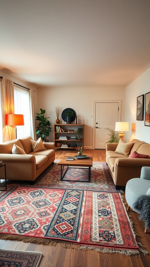 Cozy living room with mismatched rugs, showcasing a warm and inviting atmosphere