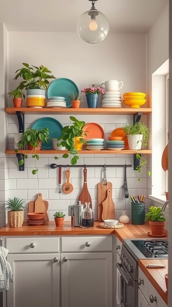 Small kitchen with open shelving displaying colorful plates, plants, and kitchen utensils.