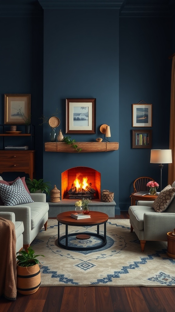 Cozy living room featuring Twilight Blue walls, a fireplace, and warm wood accents.