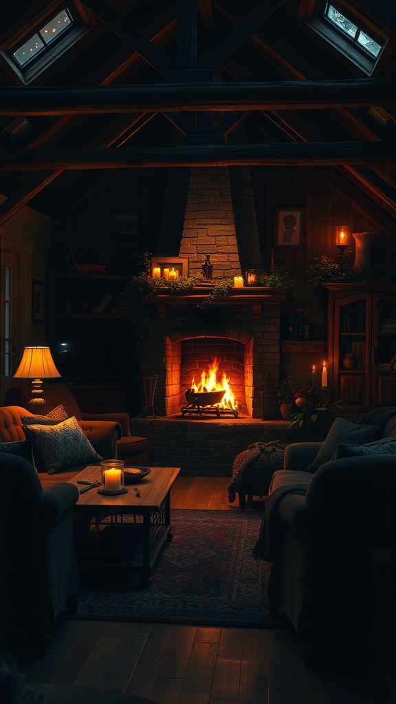 A cozy living room with a stone fireplace, soft lighting, and rustic decor