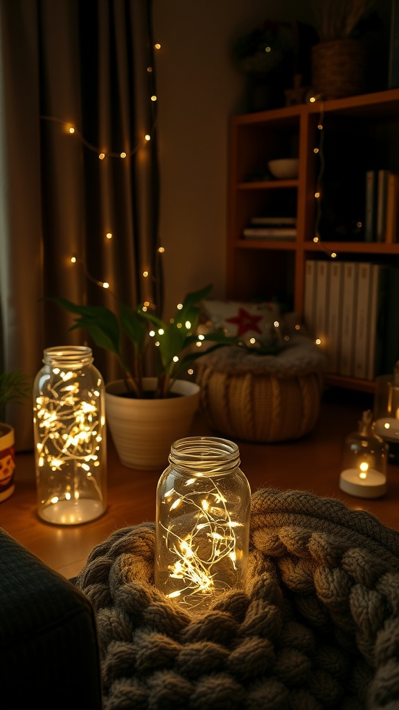 Glass jars filled with twinkling fairy lights placed in a cozy living room setting.