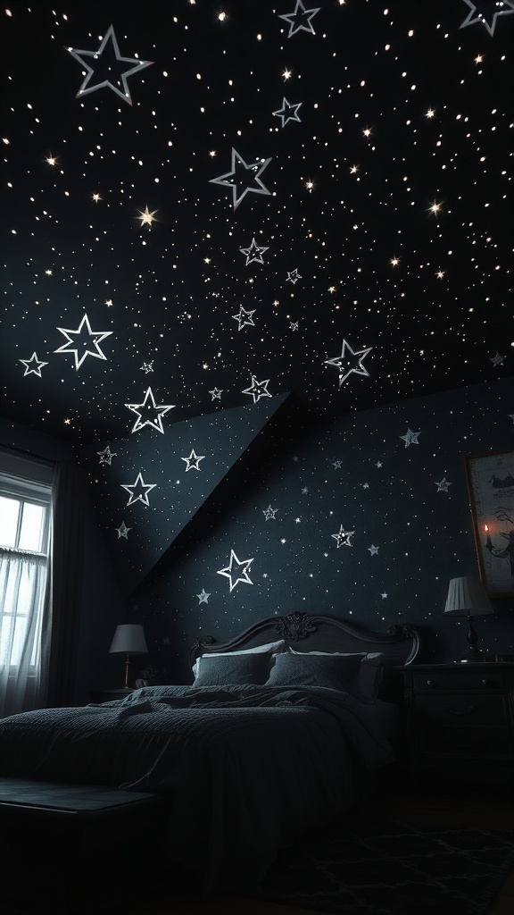 A bedroom with a starry ceiling, featuring a gothic decor style.