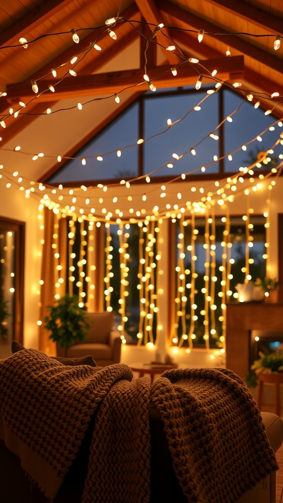 A cozy living room adorned with warm twinkling string lights hanging from the ceiling and cascading down the walls, creating a warm and inviting ambiance.