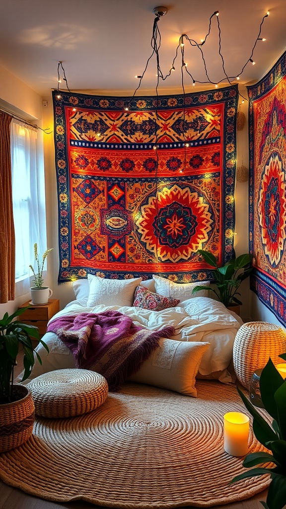 A cozy bedroom featuring vibrant tapestries on the walls, fairy lights overhead, and a soft, inviting ambiance.