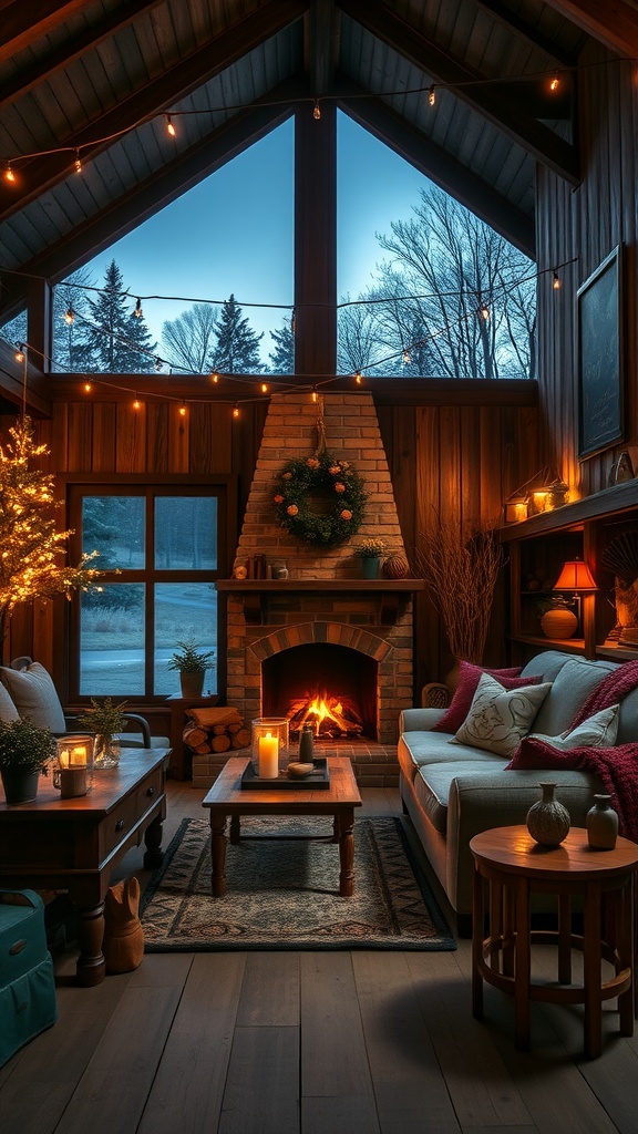 Cozy rustic farmhouse living room with a fireplace and twinkling lights