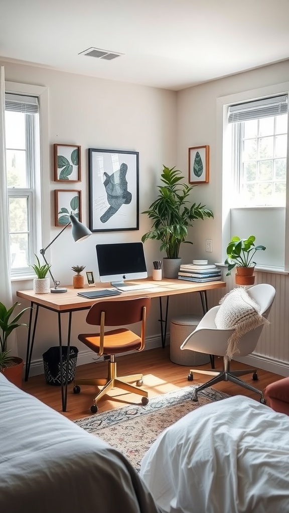 A stylish home office setup for two people in a guest bedroom, featuring a modern desk, two different chairs, indoor plants, and natural light from windows.