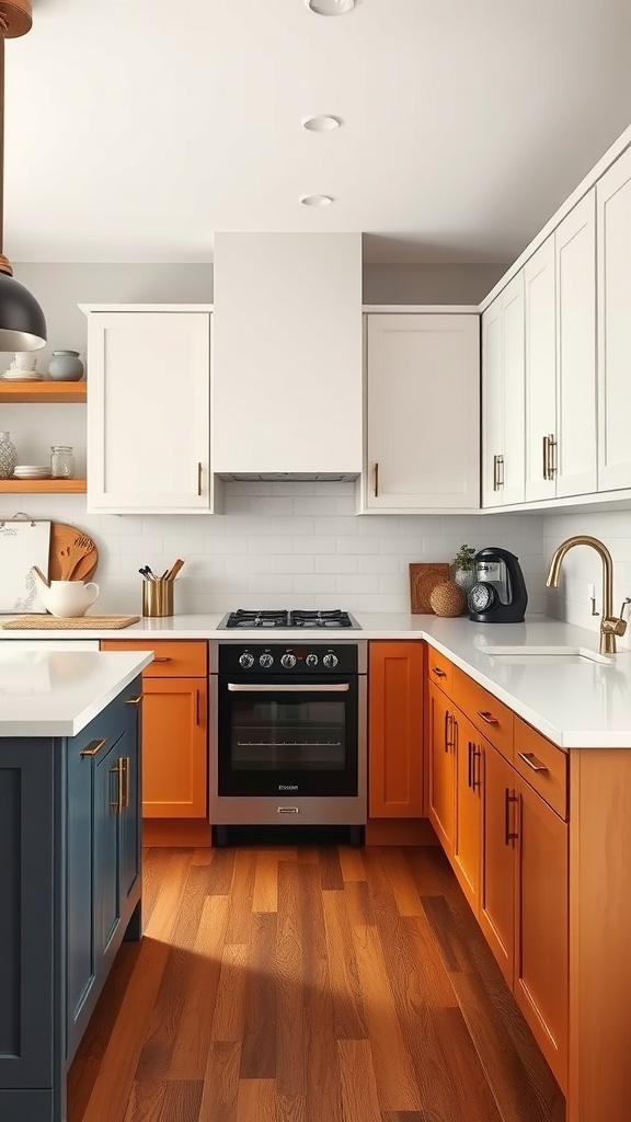 A modern kitchen featuring two-tone cabinets in orange and blue, showcasing a dynamic contrast.