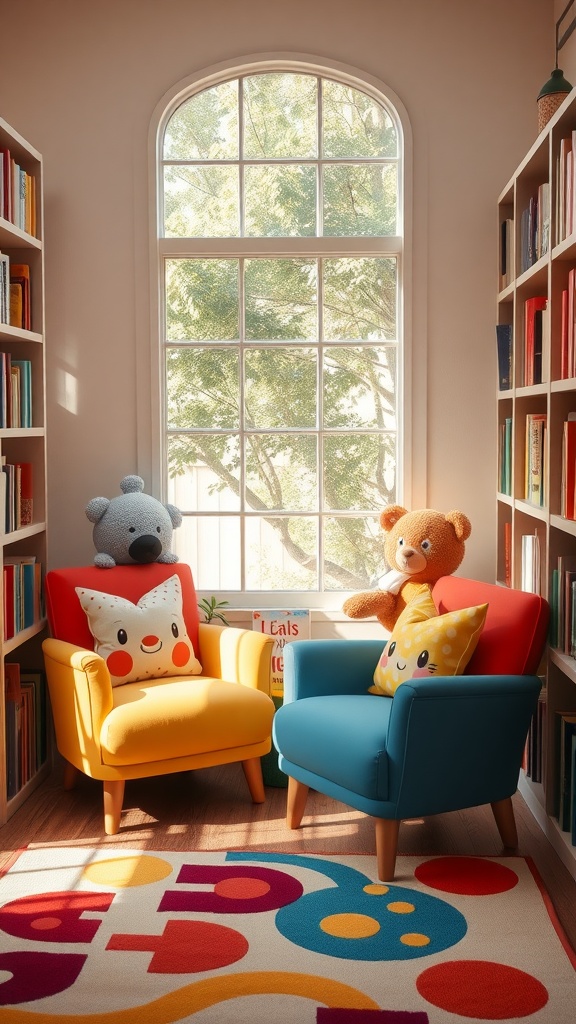 A cozy reading nook with two colorful chairs, surrounded by bookshelves and natural light.