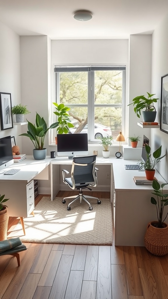 A bright U-shaped home office layout with two desks, plants, and a view outside