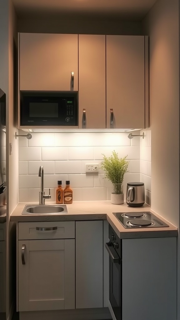 A small kitchen with under-cabinet lighting illuminating the workspace.