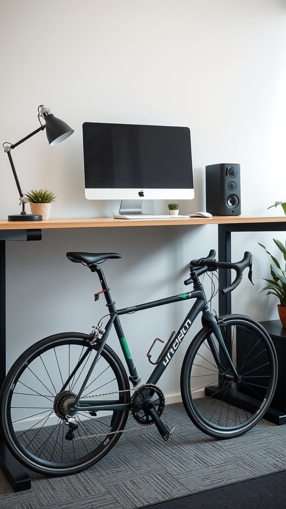 An under-desk bike positioned under a stylish desk with a computer and lamp in a modern office setting.