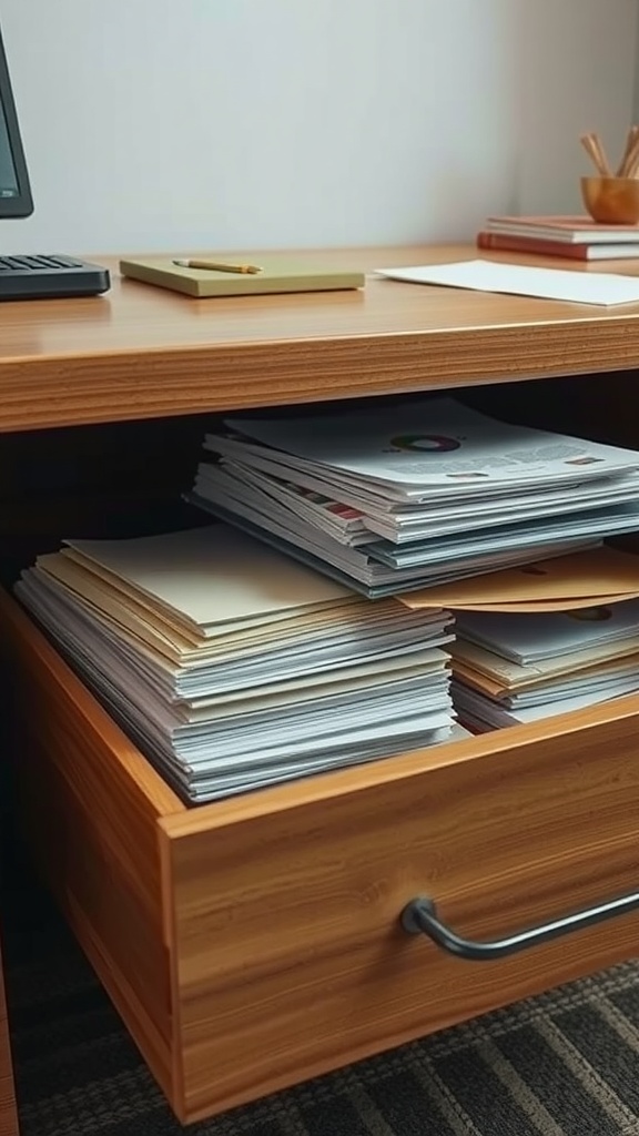 Under-desk drawers filled with neatly stacked documents, demonstrating organized storage for an efficient workspace.