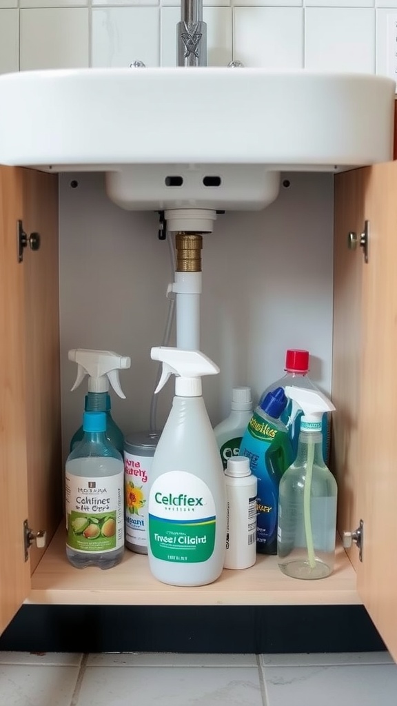 Organized under-sink cabinet with cleaning supplies