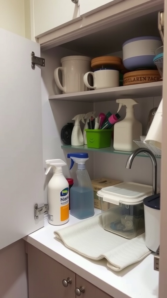 Organized under-sink area with cleaning supplies and storage containers