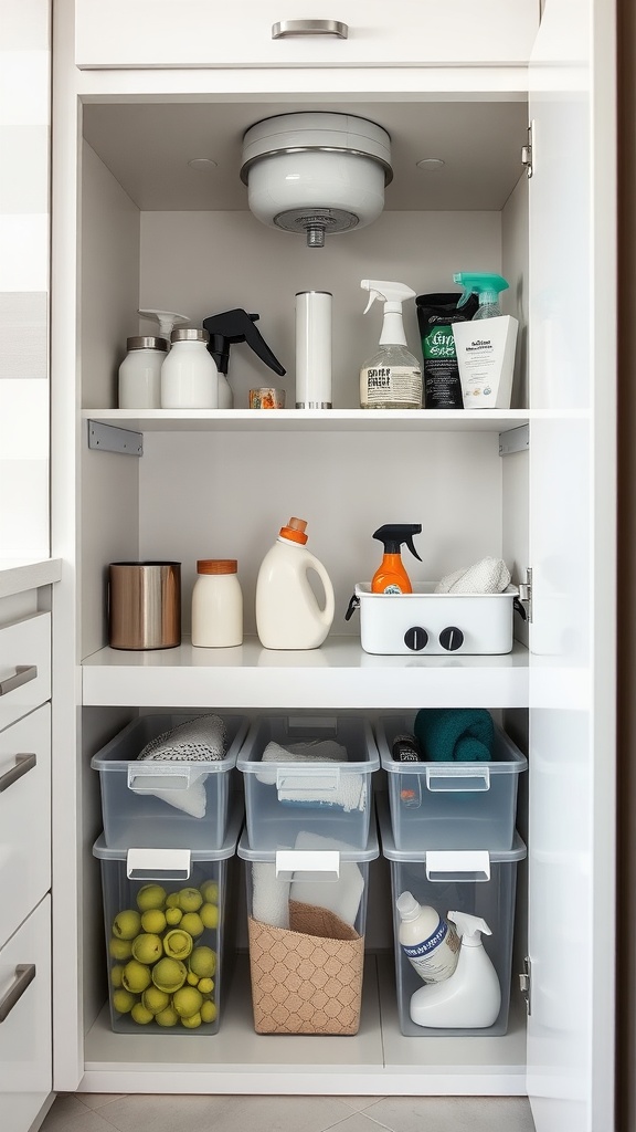 Organized under-sink storage with cleaning supplies and bins for towels and sponges