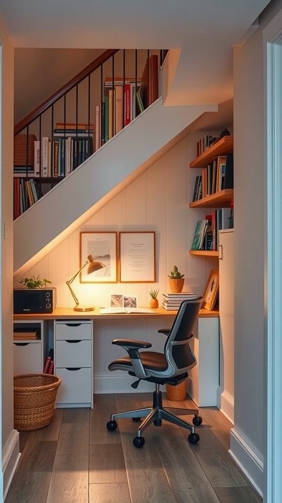 Cozy under-stairs office nook with a desk, chair, and shelves filled with books and plants