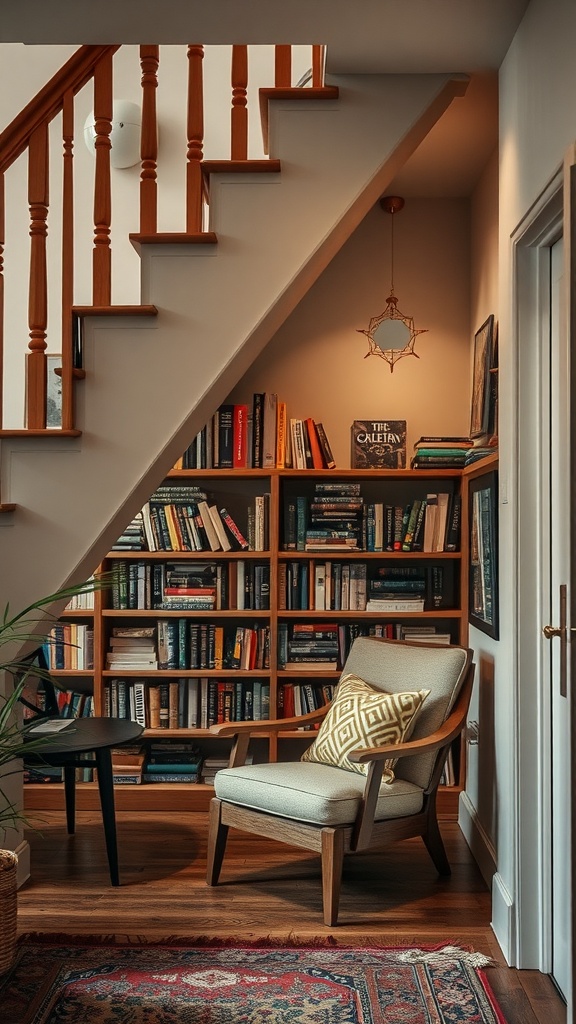 Cozy reading nook under stairs with bookshelves and comfortable chair