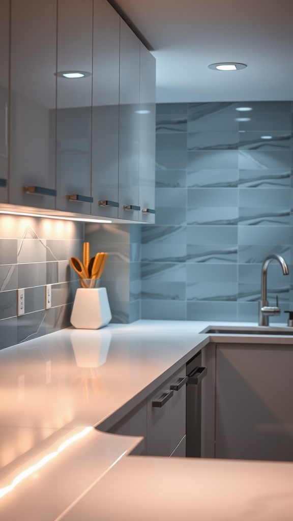 A modern kitchen featuring under cabinet lighting that illuminates the countertop, highlighting sleek cabinets and elegant decor.
