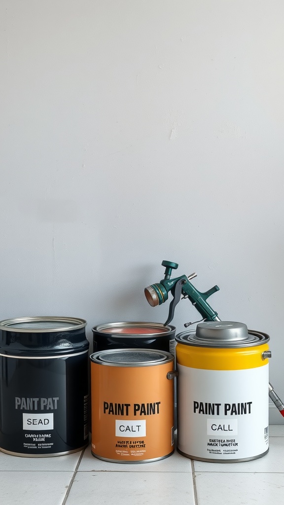 A variety of paint cans and a paint sprayer on a white surface