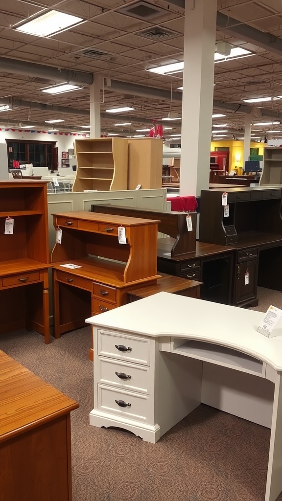A variety of corner desks in different styles and finishes displayed in a furniture store.
