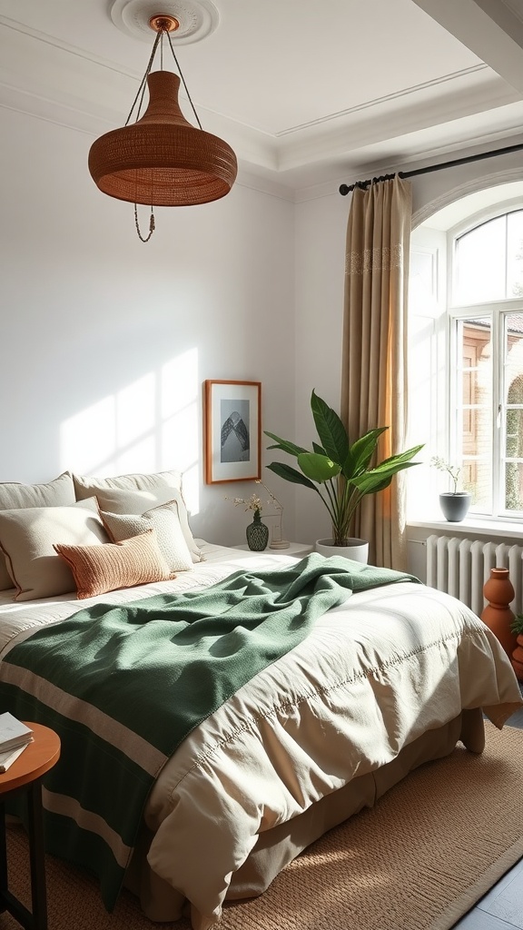 A cozy bedroom featuring green and terracotta elements.