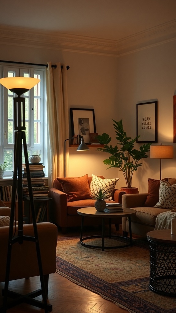 A cozy living room featuring a stylish floor lamp, warm-toned sofas, and inviting decor.