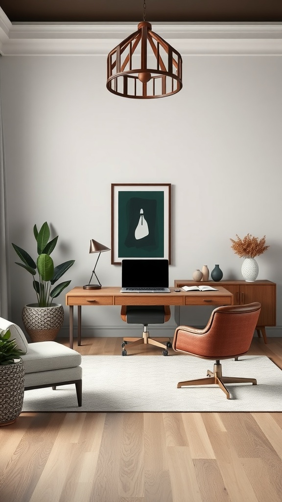 A modern luxury home office featuring a wooden desk, a comfortable chair, indoor plants, and stylish decor.