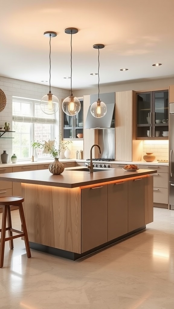 A modern kitchen with three pendant lights above the island, featuring wooden countertops and under-cabinet lighting.