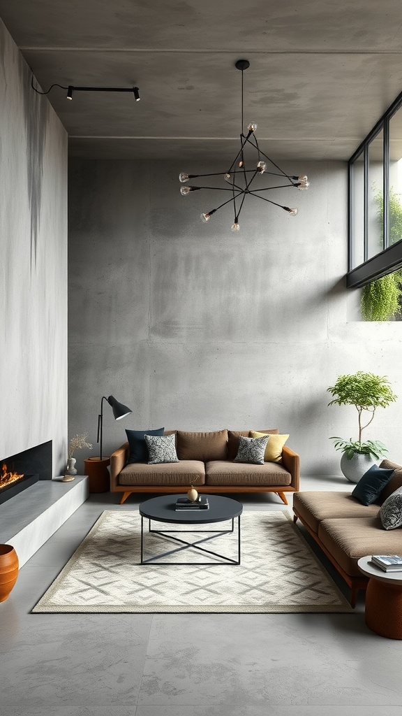 A modern living room featuring concrete walls, velvet seating, and large windows that connect to outdoor greenery.