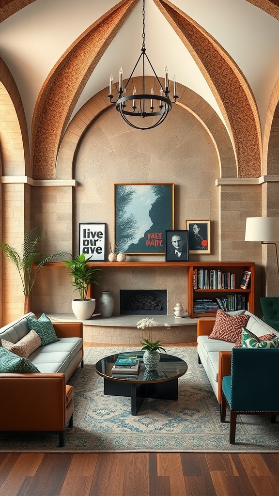 A stylish living room featuring high vaulted ceilings, intricate arches, and a contemporary design with comfortable seating and artwork.