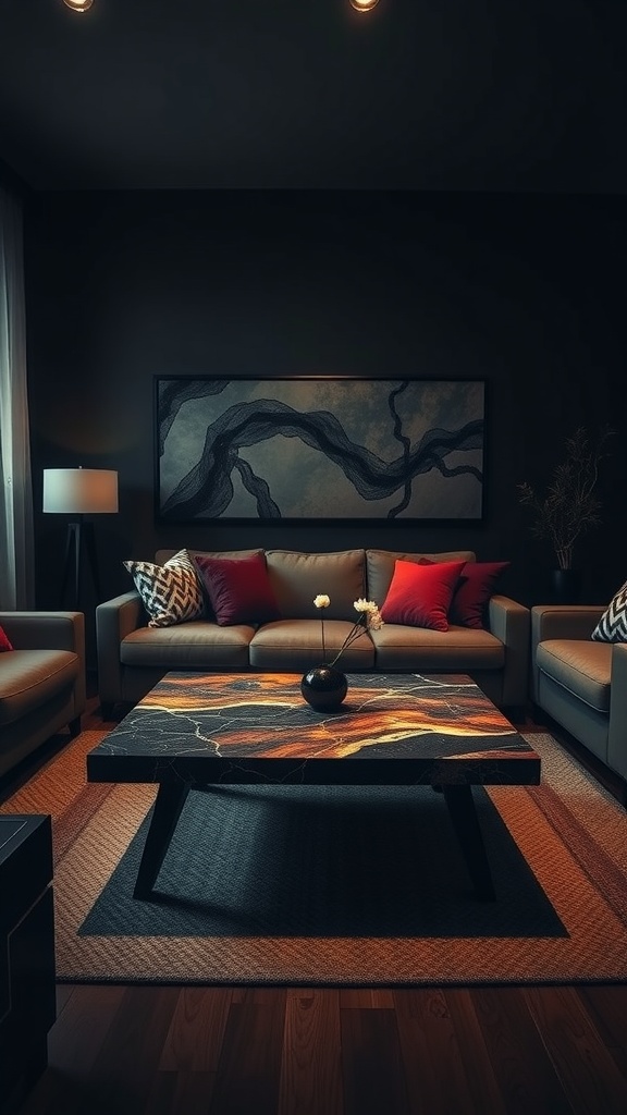 A modern coffee table with a dark design and orange accents in a cozy living room setting.