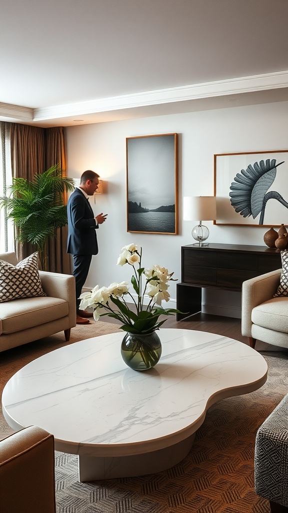 A stylish living room featuring a unique coffee table with a floral arrangement, a modern design aesthetic, and a person standing nearby.