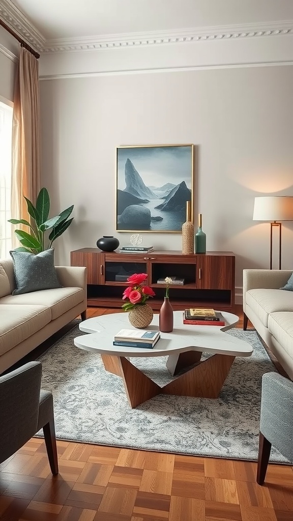 A cozy living room featuring a unique coffee table with a sculptural design, surrounded by comfortable seating and tasteful decor.