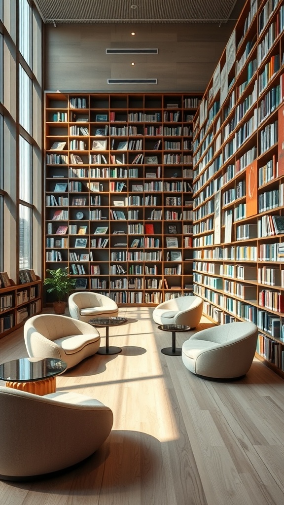 A cozy home library featuring curved chairs and a large book wall