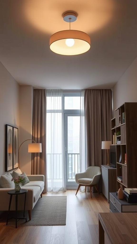 A cozy living area featuring a low ceiling light fixture, modern furniture, and large windows.