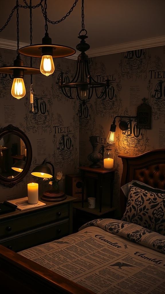 A cozy Whimsy Goth bedroom featuring various unique lighting fixtures, including a chandelier and hanging bulbs.