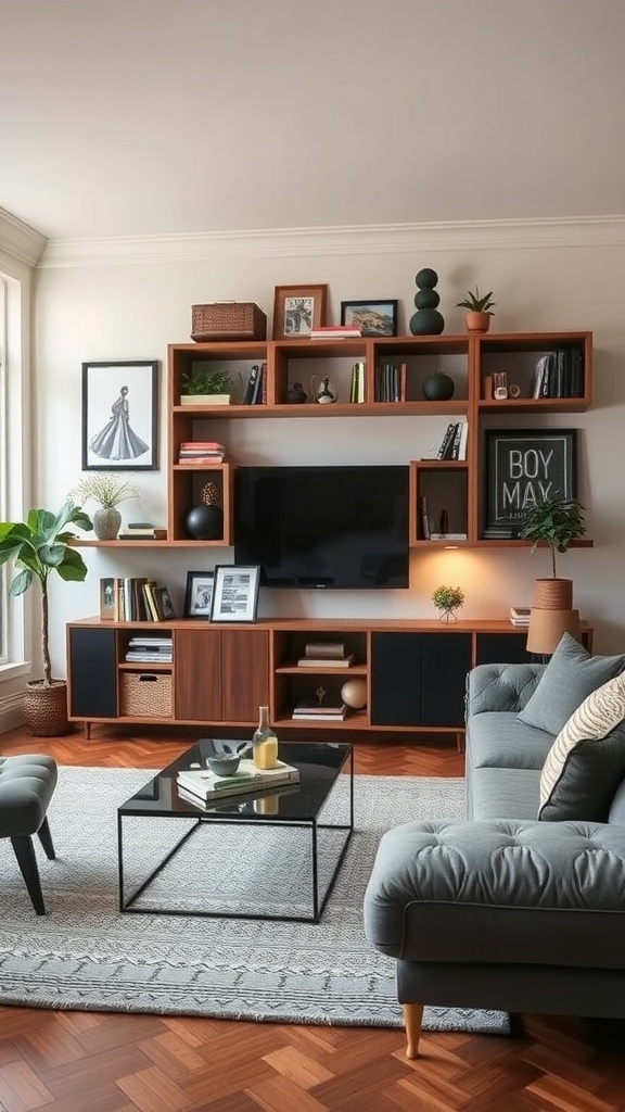 A stylish living room featuring a unique storage solution with shelving and a media console.